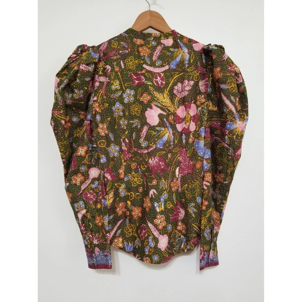 Ulla Johnson Willa Puff Sleeve 100% Cotton Blouse Pine Green Floral Size 0 $275